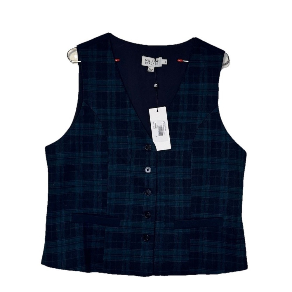 Molly Bracken Women's Vest Plaid Line‎ Sleeveless Stretch Navy Green Large NWT